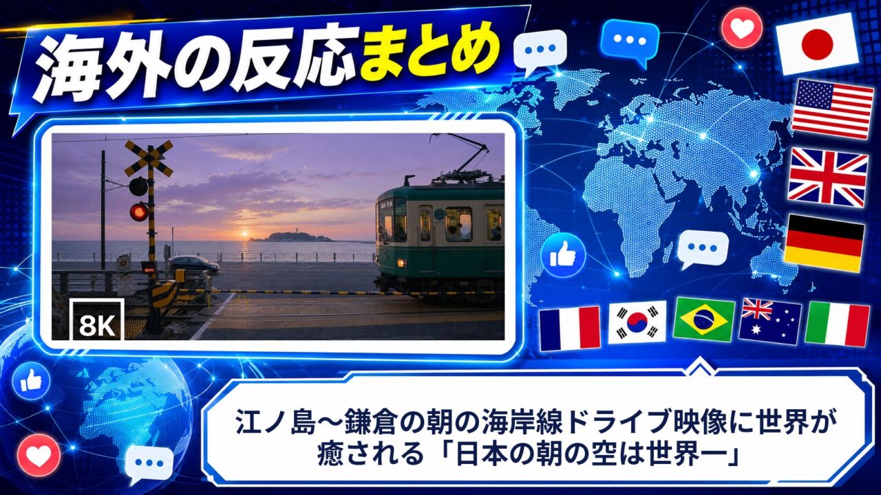 【海外の反応】江ノ島〜鎌倉の朝の海岸線ドライブ映像に世界が癒される「日本の朝の空は世界一」