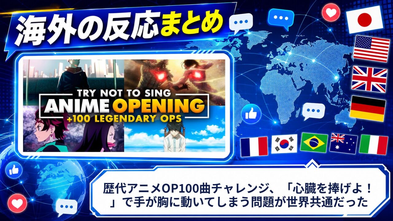 【海外の反応】歴代アニメOP100曲チャレンジ、「心臓を捧げよ！」で手が胸に動いてしまう問題が世界共通だった